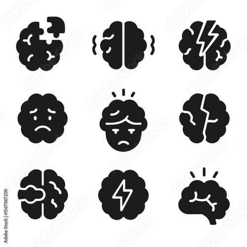 Brain Disorder Icon Set. Solid, filled icon set of brain disorders and neurodegeneration: Alzheimer’s, Parkinson’s, stroke,