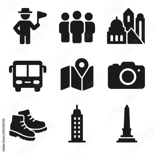 City Tour Icons. Solid, filled icon set of guiding through the city: tour guide, group of tourists, city landmarks, bus, city map,