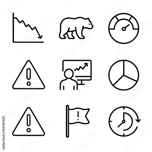 Market Volatility Icons. Outline icon set of market volatility and financial indicators: plunging stock chart, bear and bull icons