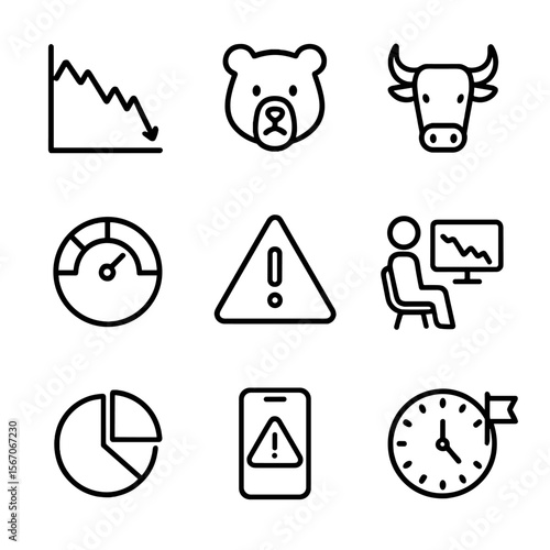 Market Volatility Icons. Outline icon set of market volatility and financial indicators: plunging stock chart, bear and bull icons