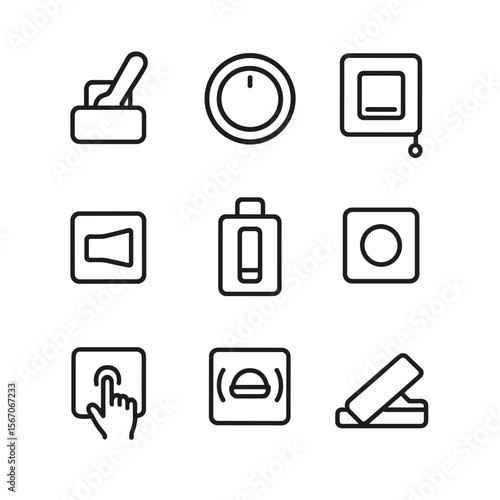 Mechanical Lamp Switch Icons. Outline icon set of mechanical lamp switches: toggle switch, rotary dimmer knob, pull chain, rocker