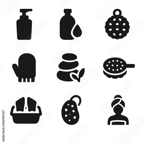 Body Treatment Icons. Solid, filled icon set of body treatments: body lotion, massage oil, loofah, exfoliating glove, massage
