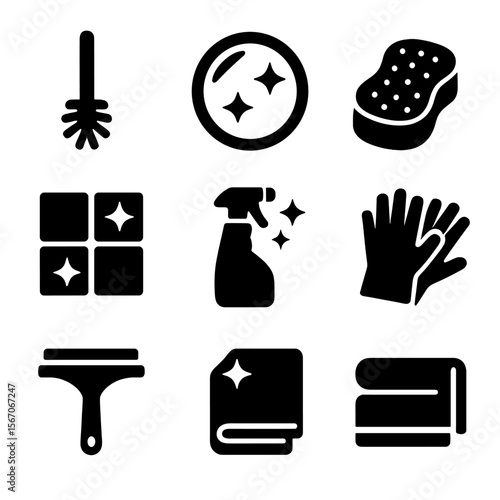 Bathroom Cleaning Icons. Solid, filled icons set of bathroom cleaning: toilet brush, mirror shine, scrub