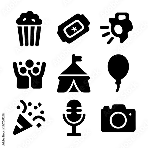 Circus Icons Grid. Solid, filled icon set of circus entertainment: popcorn, ticket, spotlight, cheering crowd, circus tent flag,