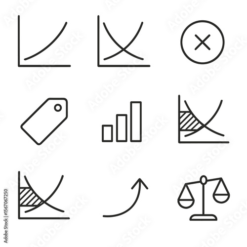 Market Equilibrium Icons. Outline icon set of market equilibrium analysis: supply curve graph, demand curve graph, equilibrium