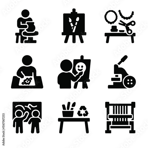 Interactive Art Booths Icons. Solid, filled icon set of interactive art booths: spinning pottery wheel, canvas with brushes, DIY