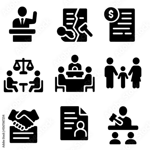 Civil Court Icons. Solid, filled icon set of civil court cases: plaintiff, contract dispute, small claims, mediation, divorce