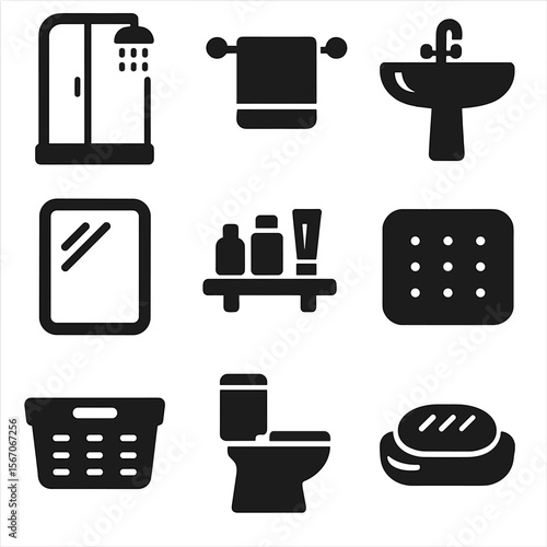 Bathroom Icons Grid. Solid, filled icons set of bathroom space optimization: shower stall, towel rack, sink,