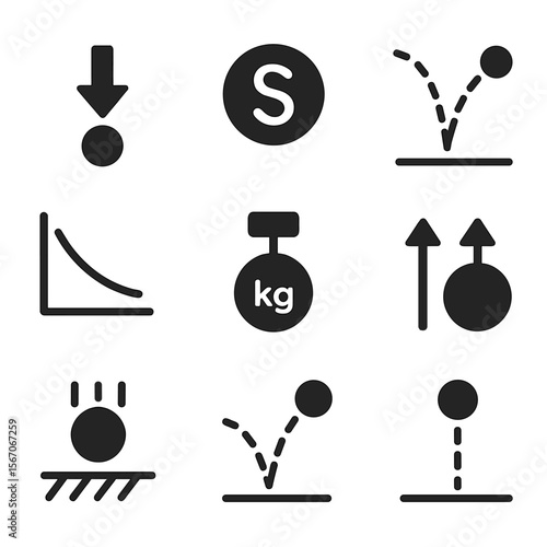 Bouncing Ball Physics Icons. Solid, filled icon set of bouncing ball physics: gravity icon, elasticity symbol, rebound angle,