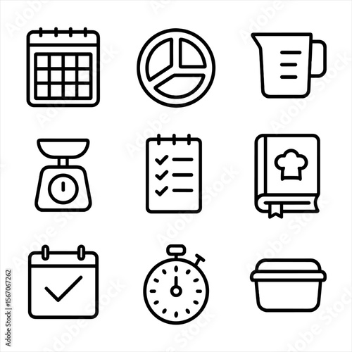 Meal Planning Icons. Outline icon set of meal planning and portion control: weekly meal planner, divided plate, measuring cup,