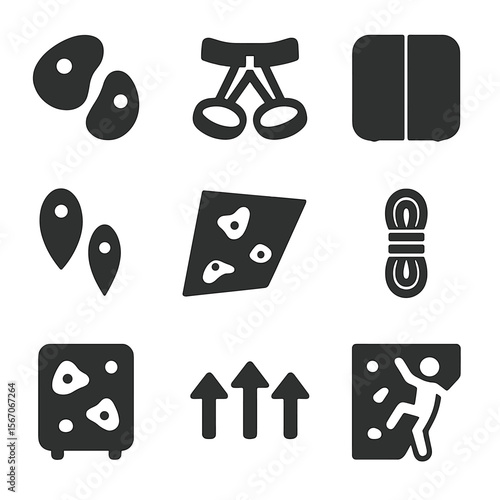 Climbing Wall Icons. Solid, filled icons set of climbing wall additions: handholds, footholds, safety harness,