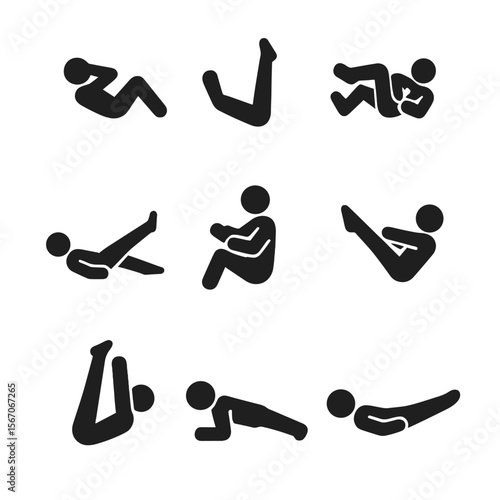 Bodyweight Exercise Icons. Solid, filled icon set of core bodyweight exercises: crunches, leg raises, bicycle crunch, flutter