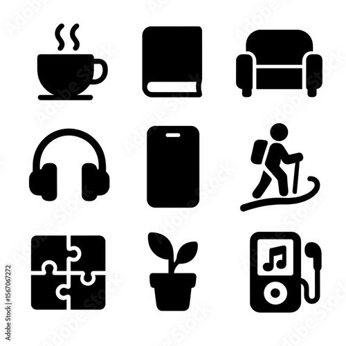 Break Icons Grid. Solid, filled icon set of break and recharge ideas: coffee cup, book, sofa, headphones, phone, nature walk,