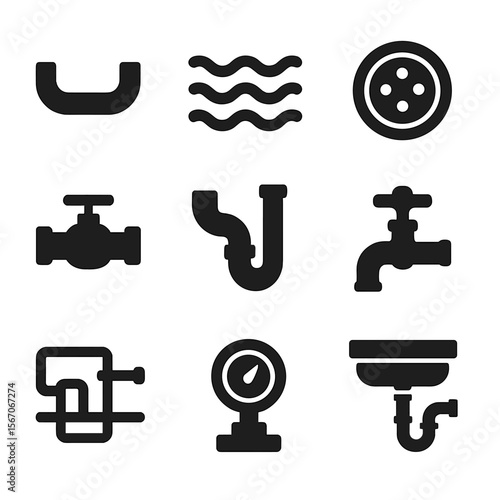 Bathroom Plumbing Icons. Solid, filled icons set of bathroom plumbing layout: pipe icon, water line, drain