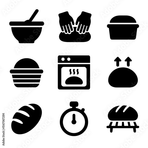 Bread Making Icons. Solid, filled icon set of bread making process: mixing bowl, kneading hands, resting dough, proofing basket,