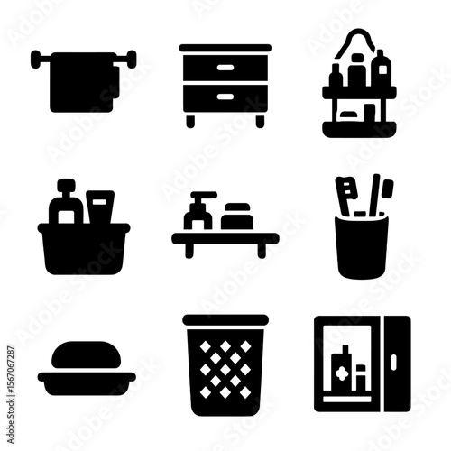 Bathroom Storage Icons. Solid, filled icons set of bathroom storage solutions: towel rack, vanity drawer,