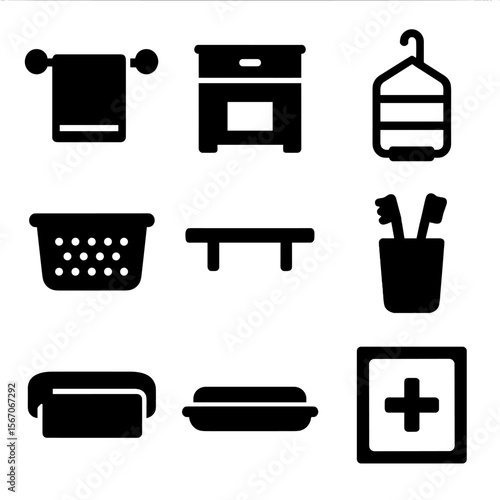 Bathroom Storage Icons. Solid, filled icons set of bathroom storage solutions: towel rack, vanity drawer,
