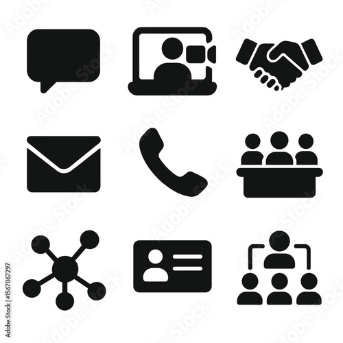 Communication Icons Grid. Solid, filled icons set of communication and networking: chat bubble, video call,