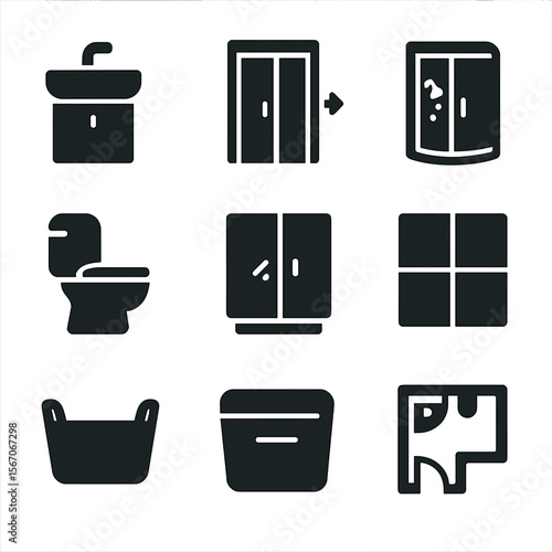 Bathroom Remodel Icons. Solid, filled icons set of small bathroom remodel ideas: space-saving sink, sliding