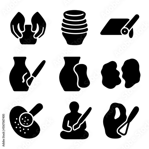Clay Sculpture Techniques. Solid, filled icon set of clay sculpture techniques: pinching, coiling, slab rolling, carving,