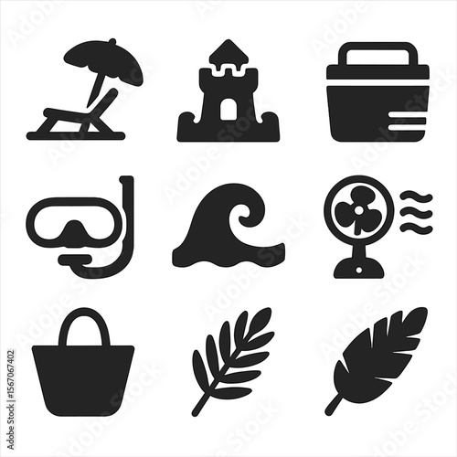 Beach Relaxation Icons. Solid, filled icons set of beachside relaxation gear: beach chair, parasol, sandcastle
