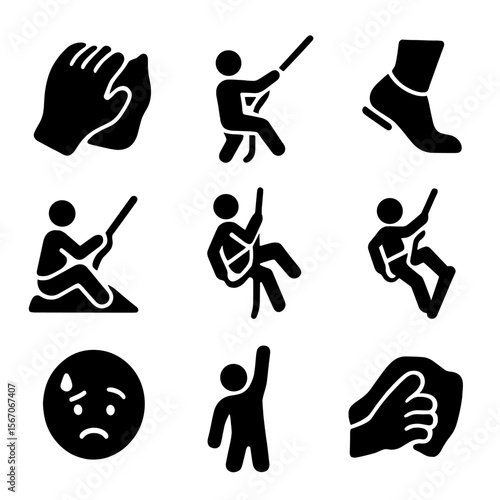 Climbing Action Icons. Solid, filled icon set of climbing actions: gripping rock, pulling rope, foot placement, belaying,