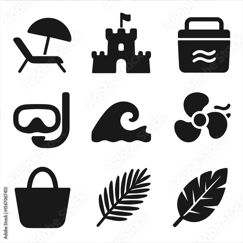 Beach Relaxation Icons. Solid, filled icons set of beachside relaxation gear: beach chair, parasol, sandcastle