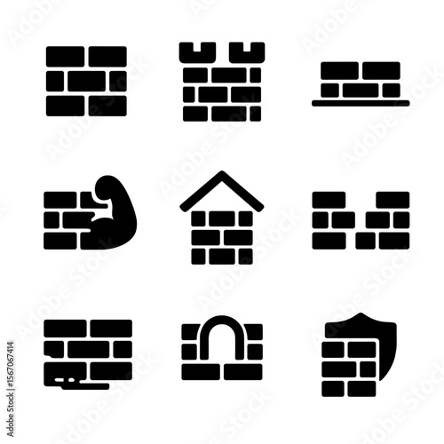 Brick Wall Icons. Solid, filled icon set of brick wall symbolic elements: barrier, fortress, foundation, strength, shelter,