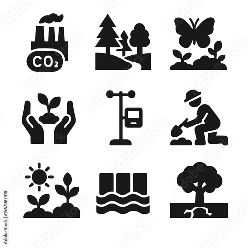 Climate Action Icons. Solid, filled icon set of climate resilience actions: carbon capture, green buffer zone, resilient habitat,