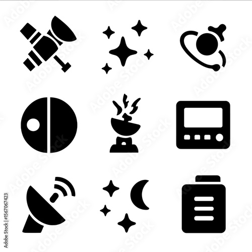 Interstellar Probes Icons. Solid, filled icon set of interstellar probes: star tracker, distant starfield, gravity assist arc,