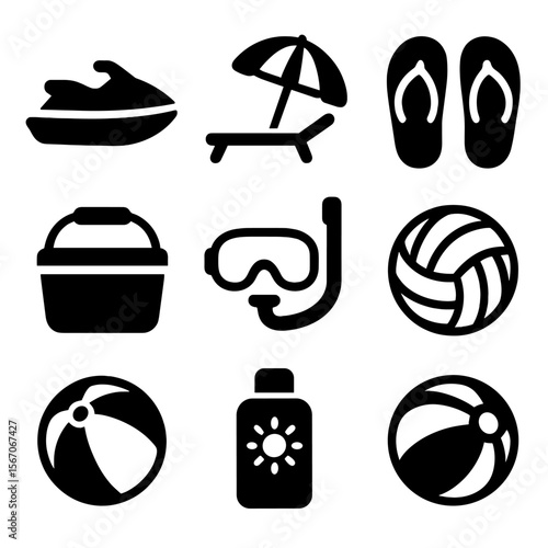 Beach Vacation Icons. Solid, filled icons set of vacation beach fun: jet ski, beach umbrella, sun chair, flip