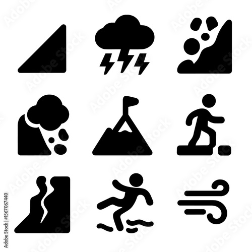 Climbing Challenge Icon Set. Solid, filled icon set of climbing challenges: steep slope, storm cloud, falling rocks, avalanche
