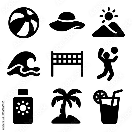 Beach Volleyball Icons. Solid, filled icons set of beach volleyball fun: beach ball, sun hat, sand icon, ocean