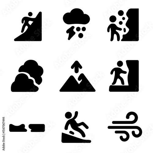 Climbing Challenge Icon Set. Solid, filled icon set of climbing challenges: steep slope, storm cloud, falling rocks, avalanche