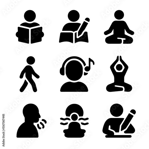Introspection Icons Grid. Solid, filled icon set of introspection activities: reading book, writing diary, meditating, walking