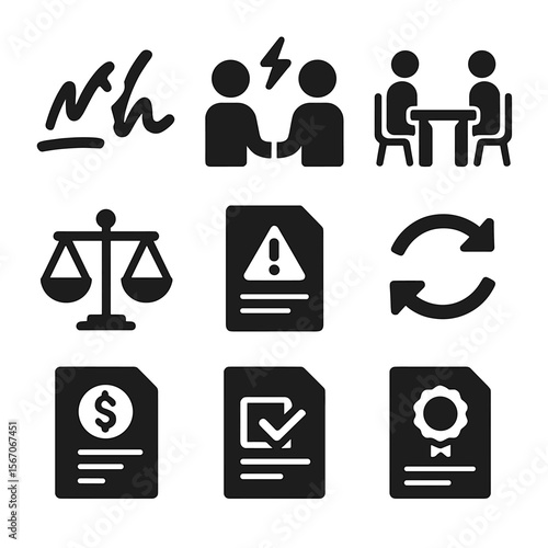 Contract Resolution Icons. Solid, filled icons set of contract breach resolution: broken signature, dispute