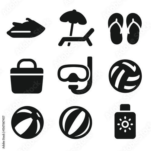 Beach Vacation Icons. Solid, filled icons set of vacation beach fun: jet ski, beach umbrella, sun chair, flip