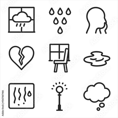 Melancholic Icons Set. Outline icon set of melancholic ambiance: raincloud outside window, dripping raindrop pattern, person