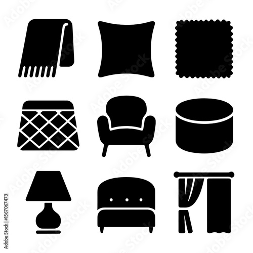 Cozy Home Accents Icons. Solid, filled icons set of cozy home accents: knit throw, velvet cushion, shaggy rug,