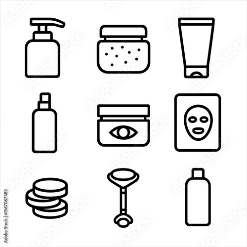 Men's Skincare Icons. Outline icon set of skincare routine for men: facial cleanser pump bottle, exfoliating scrub jar,