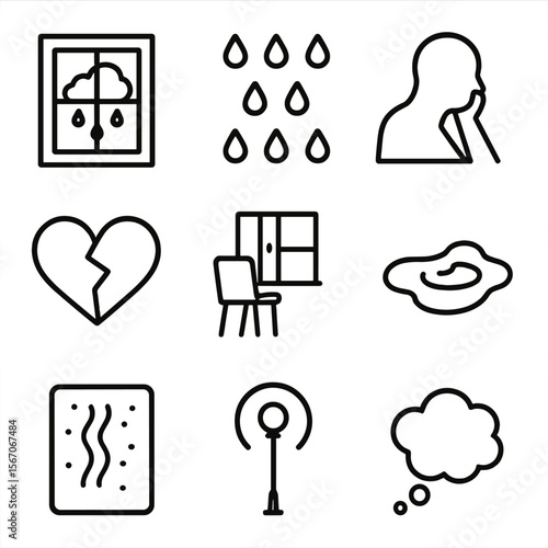Melancholic Icons Set. Outline icon set of melancholic ambiance: raincloud outside window, dripping raindrop pattern, person