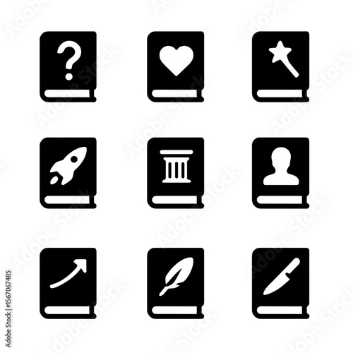 Book Genre Icons. Solid, filled icon set of book genres: mystery novel, romance book, fantasy tome, science fiction, historical