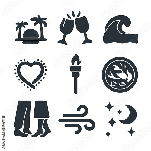 Beachside Date Icons. Solid, filled icons set of beachside dinner dates: sunset view, clinking glasses, ocean