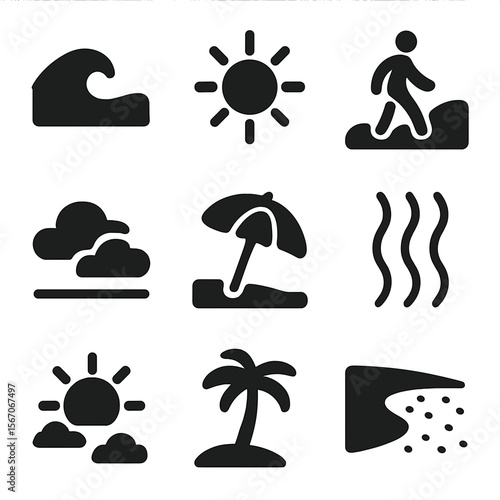 Beachside Icon Collection. Solid, filled icons set of beachside quiet and soft waves: gentle wave, calm shore,