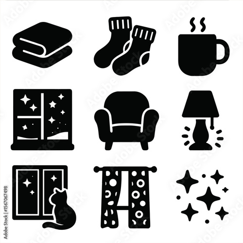 Cozy Night Icons. Solid, filled icons set of cozy night indoors with stars outside: blanket, warm socks, cocoa
