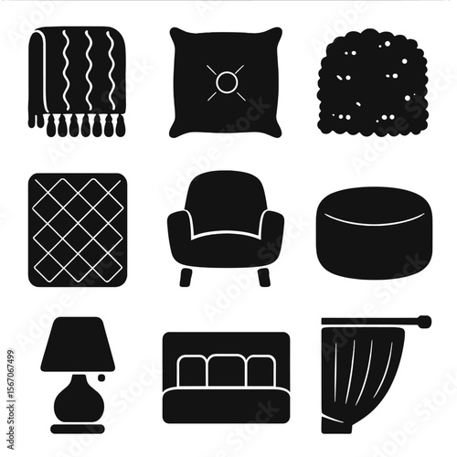 Cozy Home Accents Icons. Solid, filled icons set of cozy home accents: knit throw, velvet cushion, shaggy rug,