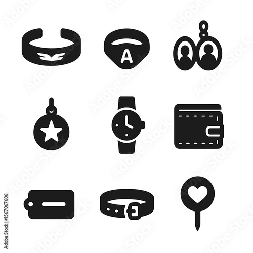 Custom Accessories Icons. Solid, filled icons set of custom accessories: engraved bracelet, initial ring,