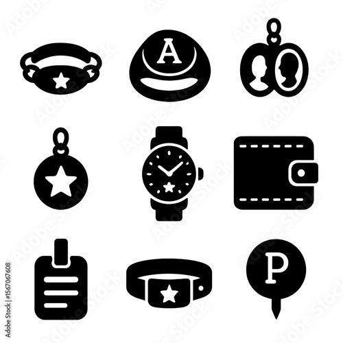 Custom Accessories Icons. Solid, filled icons set of custom accessories: engraved bracelet, initial ring,