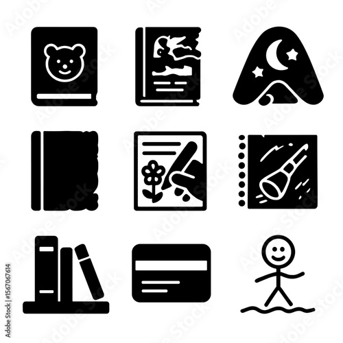Bookshelf Memories Icons. Solid, filled icon set of book-themed nostalgia: childhood book, torn comic, bedtime story, worn-out