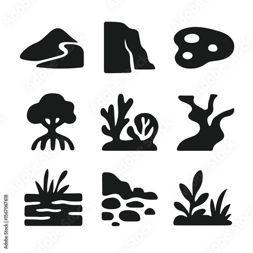 Coastal Features Icons. Solid, filled icon set of natural coastal features: sand dune, cliff face, tide pool, mangrove, coral reef